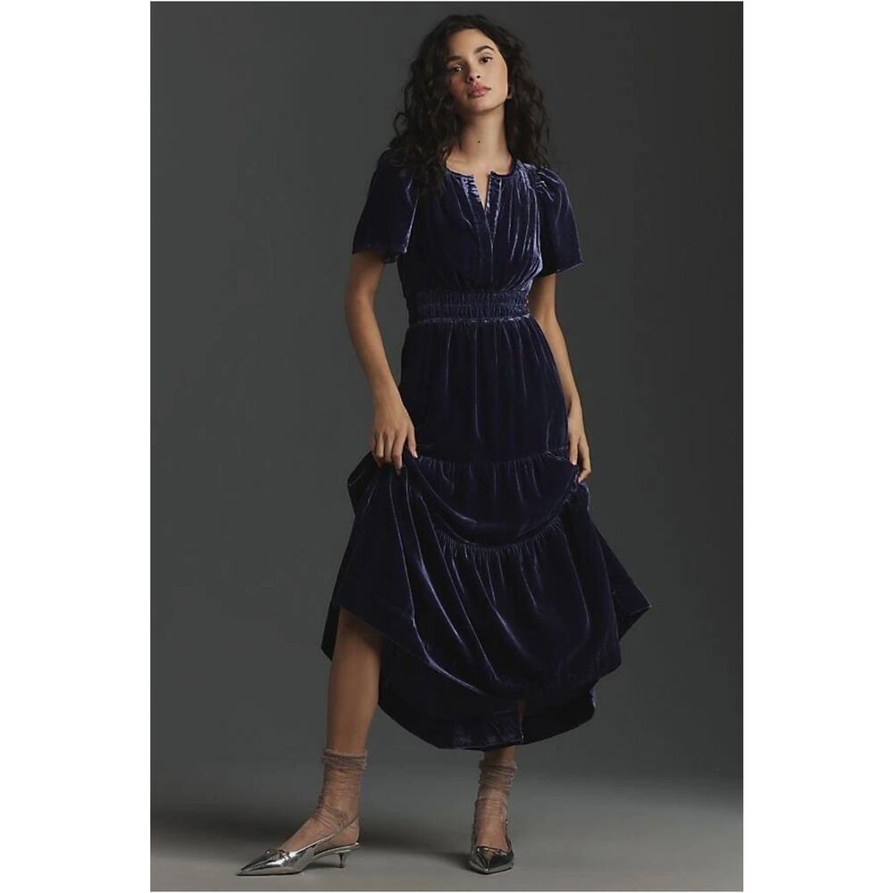 Anthropologie Somerset Maxi Dress Velvet Edition in Navy Sz XL Tiered Boho